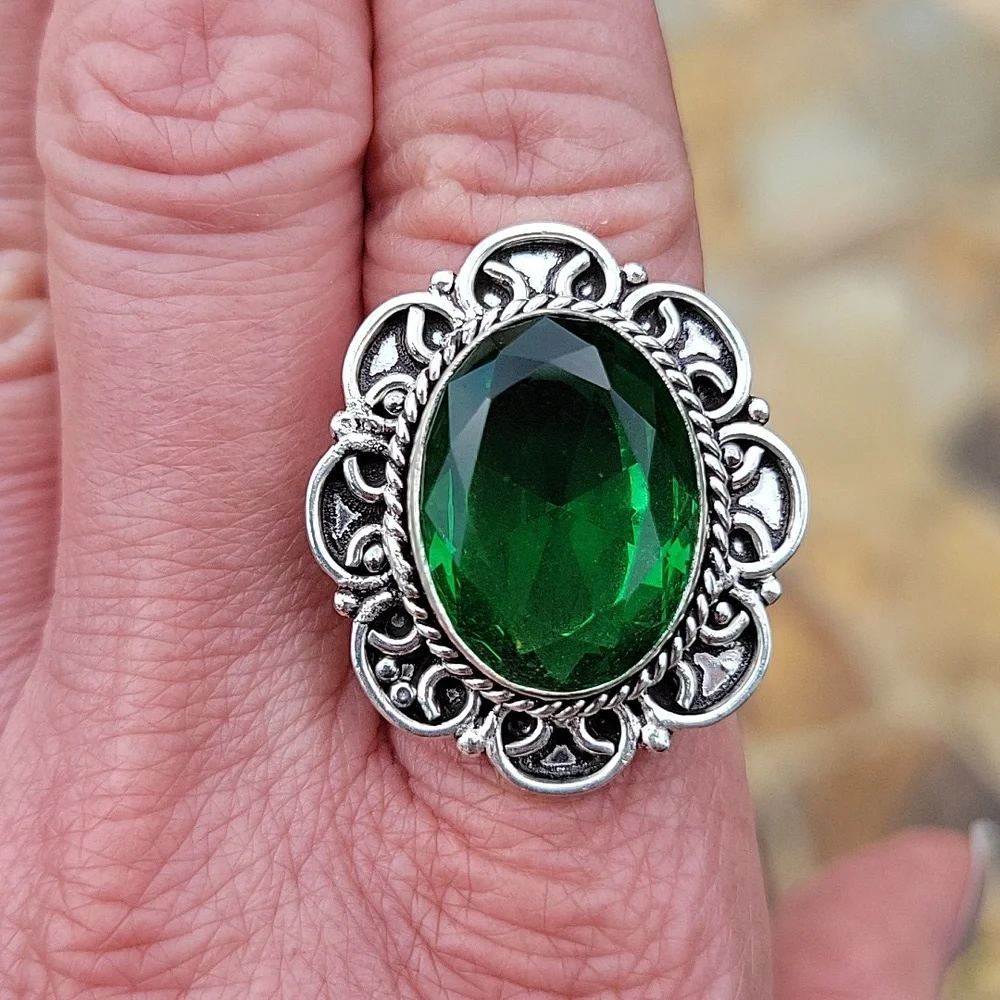 Faceted Synthetic Emerald Sterling Silver Ring